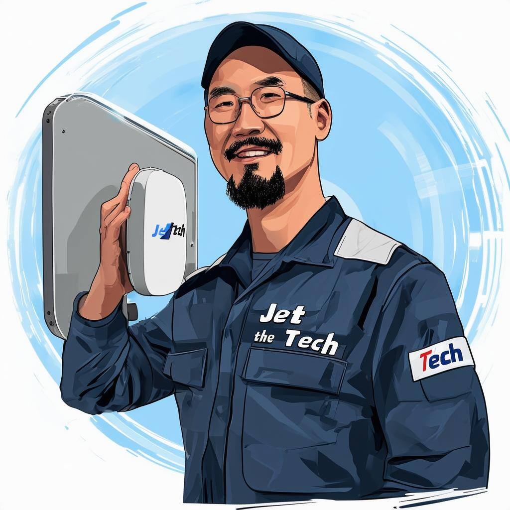 jet tiong, fit technician with goatee, wearing auniform with Jet the Tech installing a wireless access point