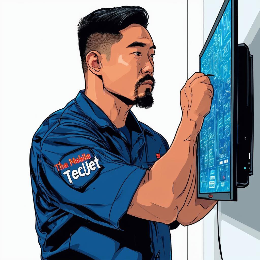 jet tiong, fit technician with goatee, wearing auniform with an arm patch The Mobile TechJet mounting a large flat screen tv on a wall