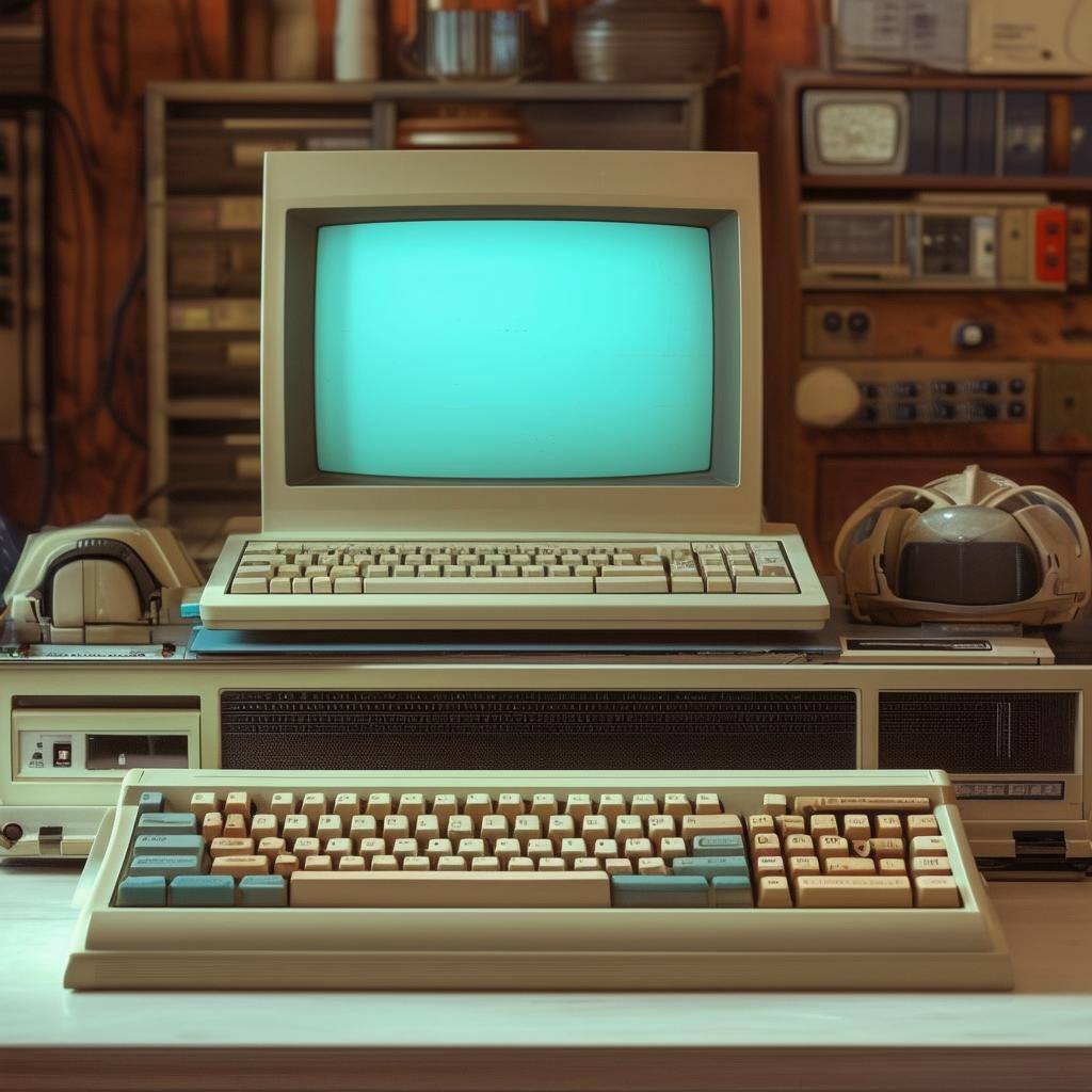 retro computer and laptop with peripherals