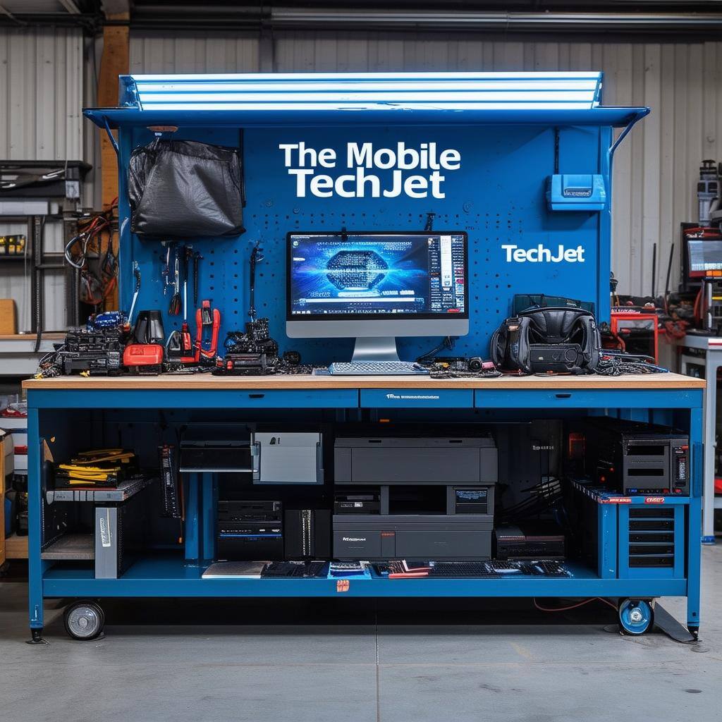 workshop bench with computer repair equipment, branded with The Mobile TechJet